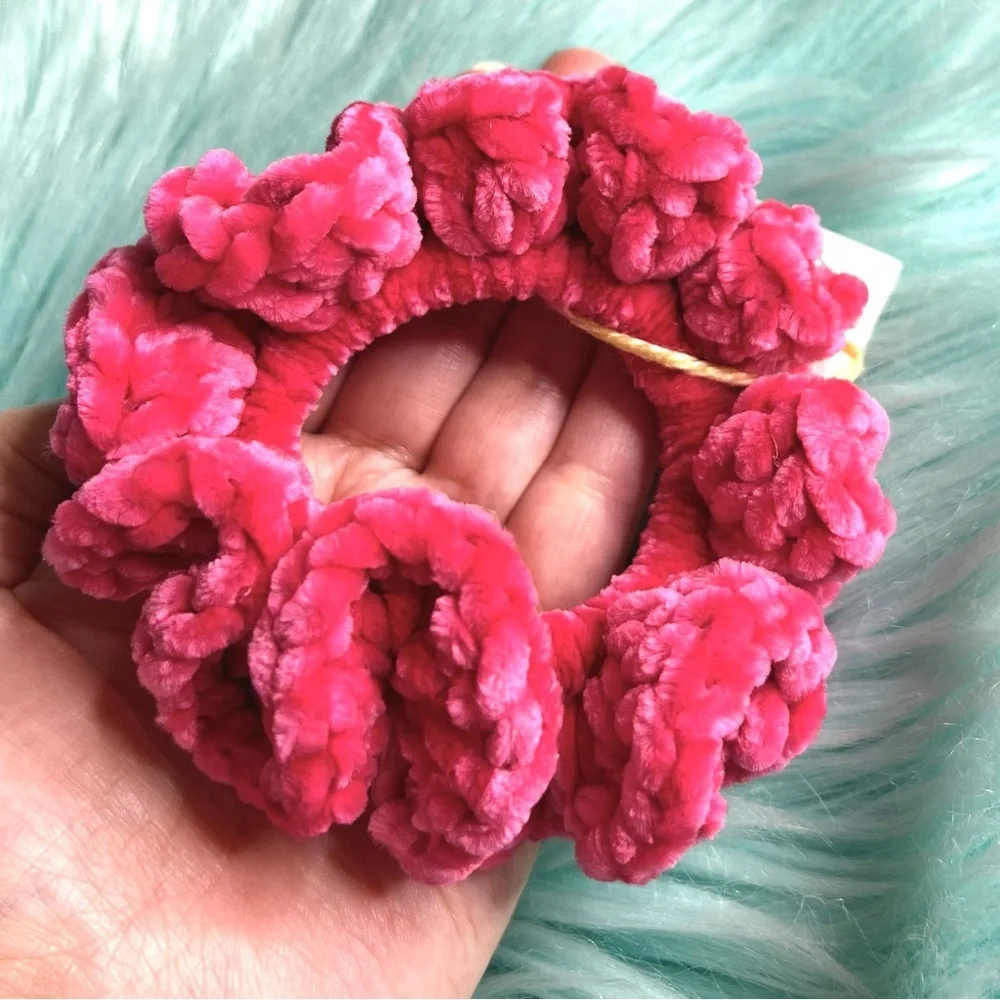 Handmade Crochet VELVET Luxe Hot Pink Candy Plush Hair Scrunchie PinkRainCloud